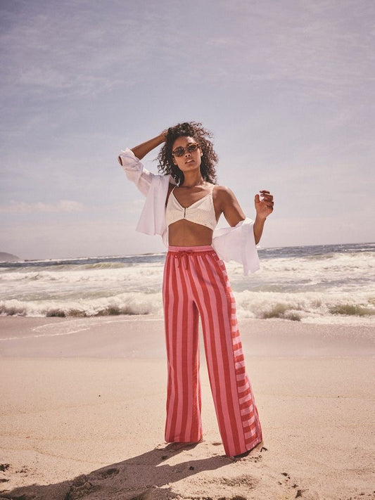 Pink Wide Leg Pull On Striped Trousers