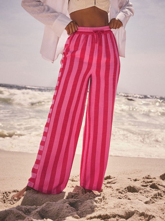 Pink Wide Leg Pull On Striped Trousers