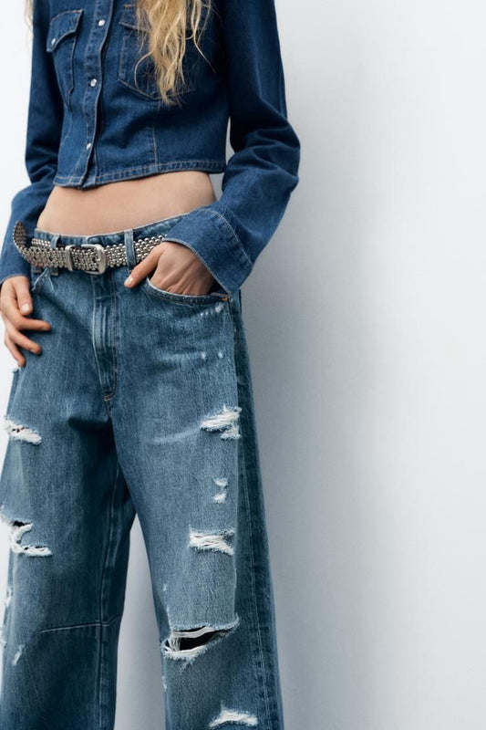MID WAIST BAGGY RIPPED BALLOON JEANS
