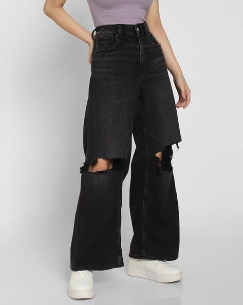 High waist knee cut wide leg jeans