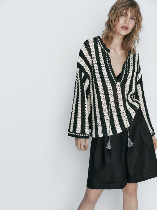 Black & Beige Crochet Striped Top