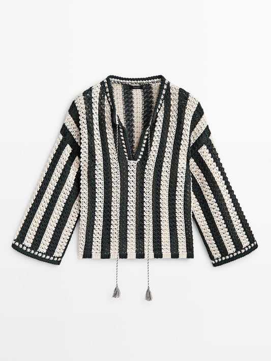 Black & Beige Crochet Striped Top
