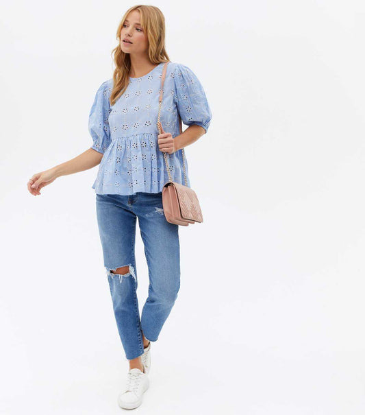 Pale Blue Floral Broderie Peplum Top