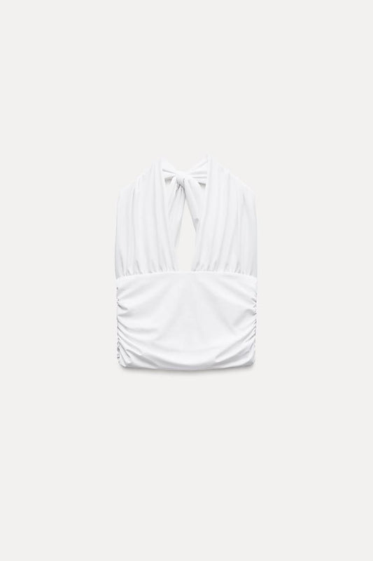 Polyamide Blend Halter Top With Gathered Detail