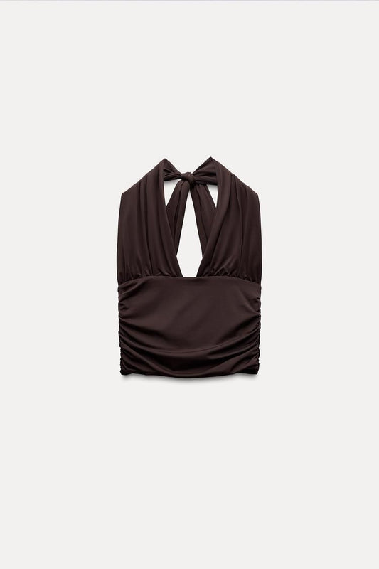 Polyamide Blend Halter Top With Gathered Detail