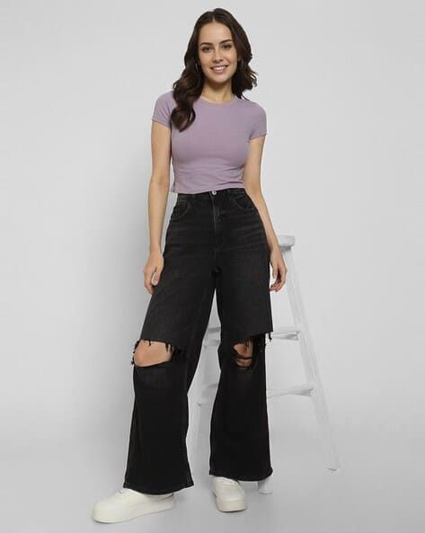 High waist knee cut wide leg jeans