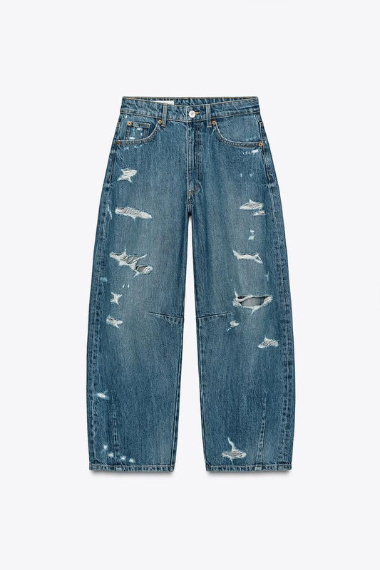MID WAIST BAGGY RIPPED BALLOON JEANS