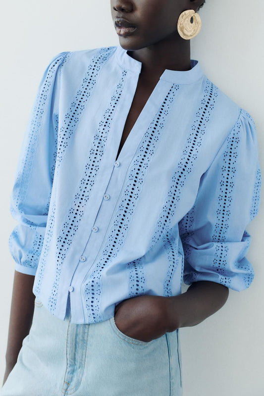 Perforated Embroidery Blouse Top
