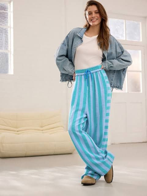 Pink Wide Leg Pull On Striped Trousers